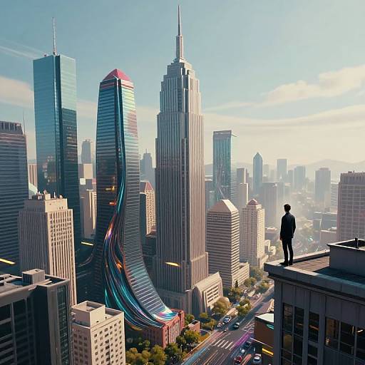 Digital artwork of a cityscape with a silhouetted man standing on a rooftop, overlooking skyscrapers with reflective glass and a unique twisted building