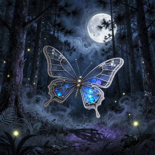 Clockwork Butterfly in Moonlit Forest