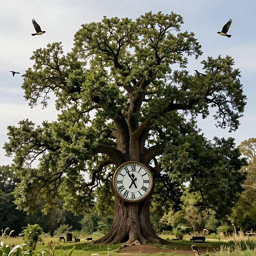 Photograph of a large, leafy tree with a clock face centered in its trunk, two birds flying above, set in a grassy cemetery.