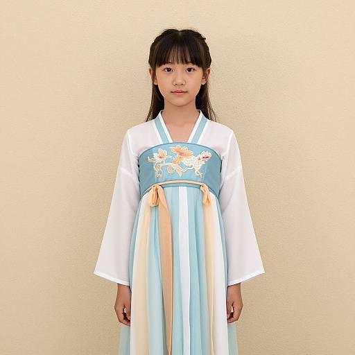 Photograph of an Asian girl with straight black hair wearing a white and light blue traditional Korean hanbok with embroidered horse design, standing against a plain
