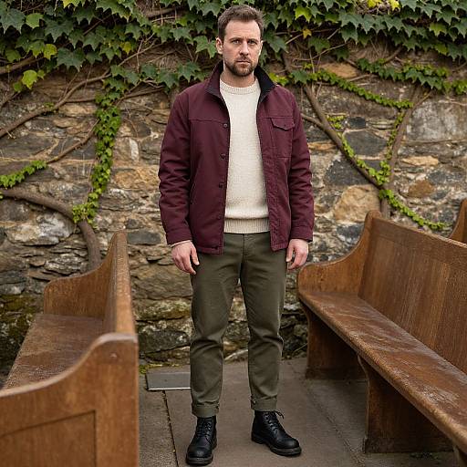 Photograph of a bearded man with short dark hair, wearing a maroon jacket, white sweater, olive pants, and black boots, standing between