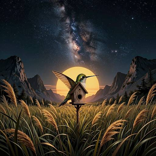 Photographic-style digital artwork of a hummingbird with outstretched wings perched on a birdhouse in a golden wheat field, under a starry