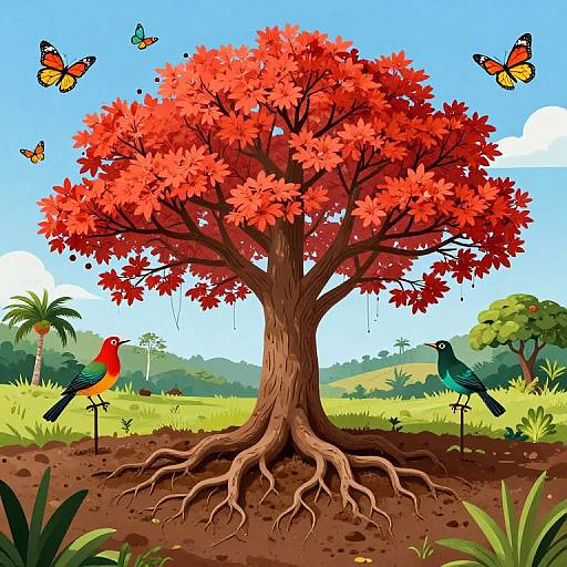 Colorful digital illustration of a vibrant red-leafed tree with two colorful birds, surrounded by butterflies, in a sunny, green meadow.
