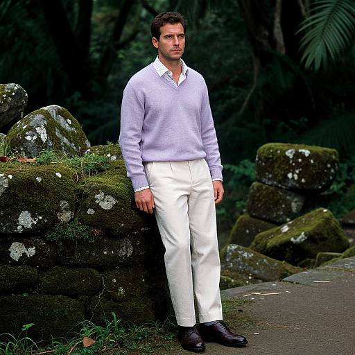 Photograph of a serious-looking man with short brown hair, wearing a light purple sweater, white pants, and black shoes, standing against moss-covered rocks