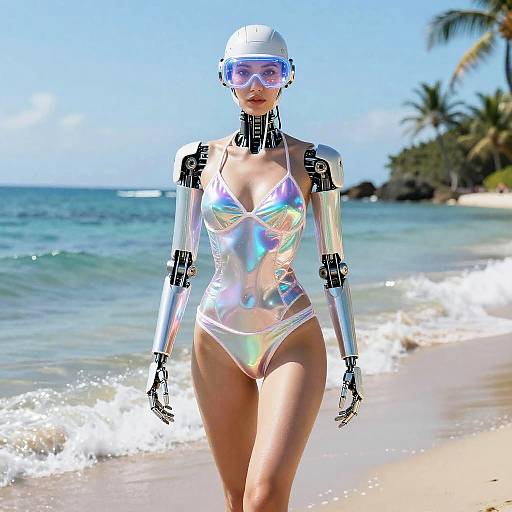 Photorealistic CGI of a futuristic, silver, robotic woman with iridescent bikini and visor, walking on a sunny beach with palm trees and