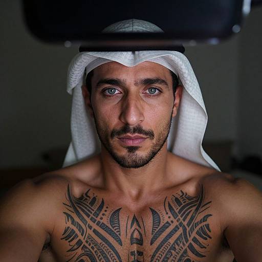 Photograph of a shirtless, muscular man with light brown skin, blue eyes, and a white keffiyeh on his head. He has