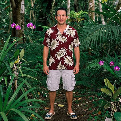 Photograph of a smiling man with short dark hair, wearing a maroon floral shirt, white cargo shorts, and sandals, standing in a lush,