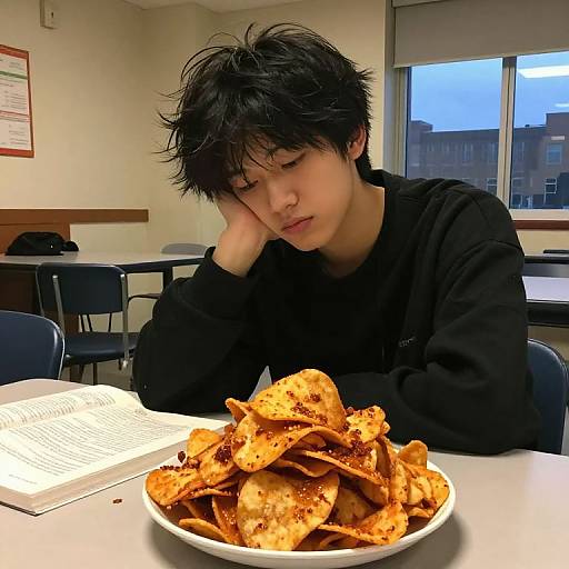 Photograph of an Asian teenage boy with messy black hair, wearing a black sweatshirt, resting his head on his hand, looking down at a plate