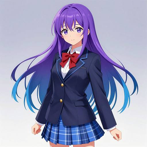 Digital anime drawing of a purple-haired girl with long, flowing hair, wearing a black blazer, red bowtie, and blue plaid skirt.