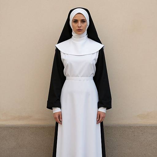 Photograph of a solemn-faced woman in a traditional black and white nun's habit, standing against a plain beige wall.