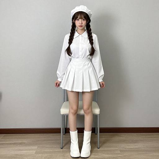 Photograph of an Asian woman with long black braids, wearing a white nurse uniform, hat, skirt, and boots, standing in front of a