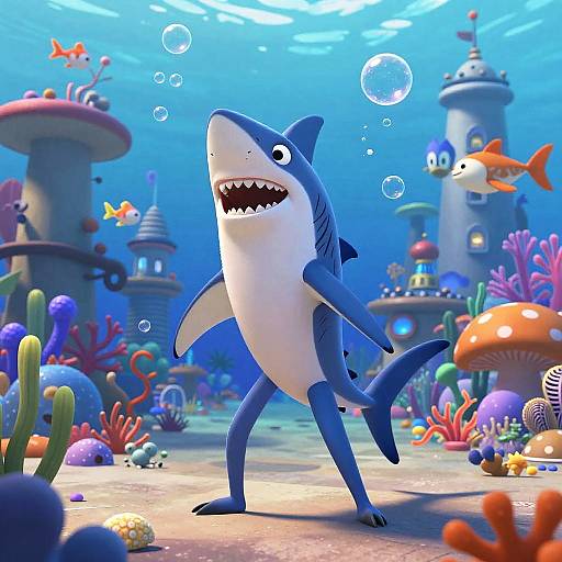 CGI cartoon of a smiling blue and white shark with wide eyes, swimming underwater in a vibrant, colorful coral reef with bubble trails and whimsical castle