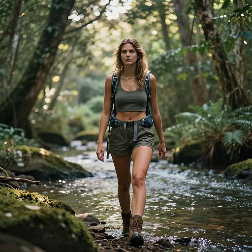 Photograph of a determined woman with wavy brown hair, wearing a green sports bra, olive shorts, hiking boots, and backpack, walking through a