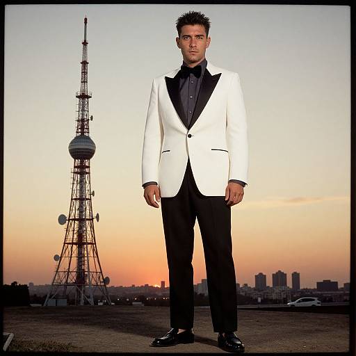 Photograph of a young man with short, spiked black hair, wearing a white tuxedo jacket, black shirt, and black pants, standing in