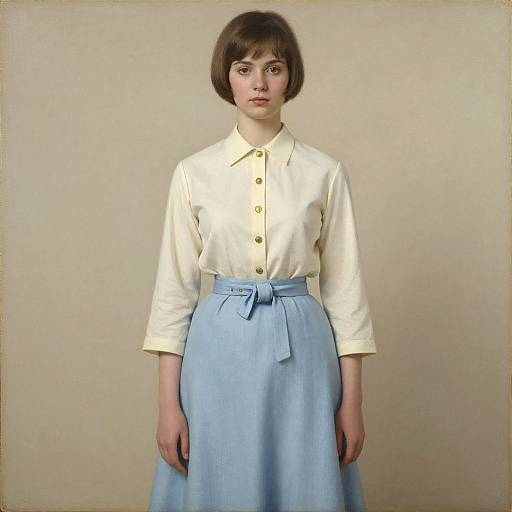 Photograph of a young woman with short brown hair, wearing a cream button-up shirt and light blue high-waisted skirt, standing against a plain