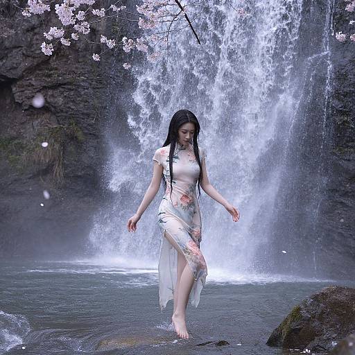 Water Spirit in Cherry Blossom Waterfall