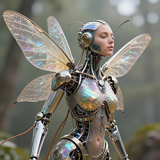 Photorealistic CGI of a humanoid robot with iridescent wings, metallic body, and antennae, standing in a forest. Reflective surfaces,