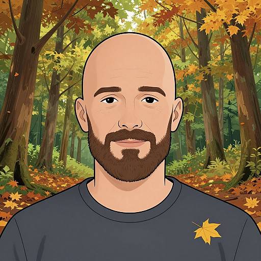 Digital illustration of a bald, bearded man with fair skin, blue shirt, and autumn forest background with orange leaves.