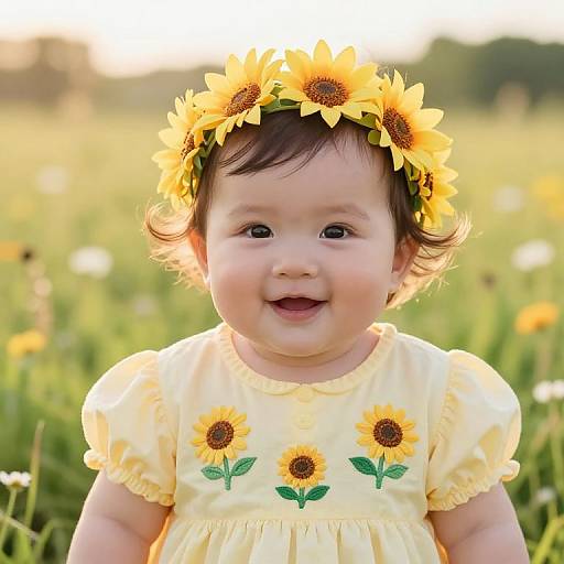 Photograph of a smiling Asian baby with fair skin, wearing a yellow sunflower dress and flower crown, standing in a sunny field of sunflowers.