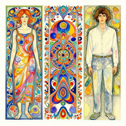 Digital drawing: Vibrant, psychedelic art with a red-haired woman in a colorful dress, a central abstract pattern, and a brown-haired man in white