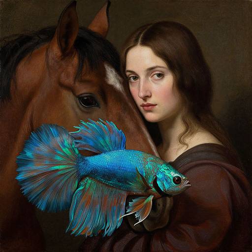 Digital painting of a fair-skinned woman with long brown hair, brown dress, brown horse, and vibrant blue peacock fish with orange fins, against