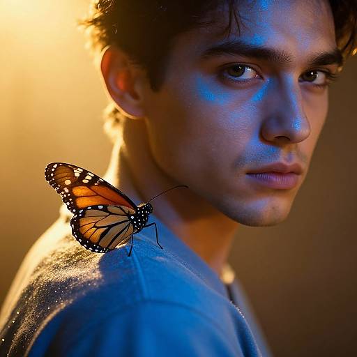 Photograph of a young man with dark hair and intense gaze, illuminated by warm light, with an orange and black butterfly perched on his shoulder,