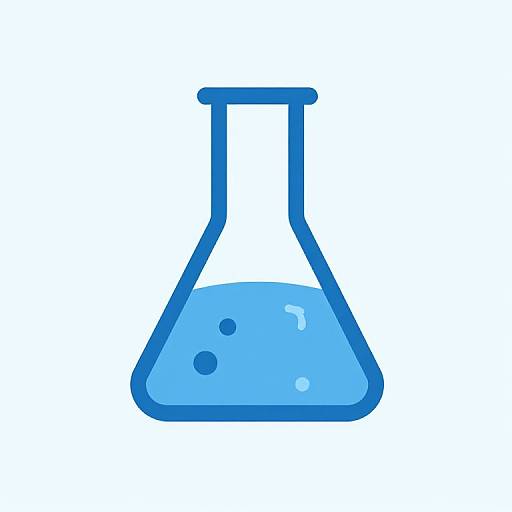 Digital illustration of a blue Erlenmeyer flask with a liquid and two bubbles, set against a white background.