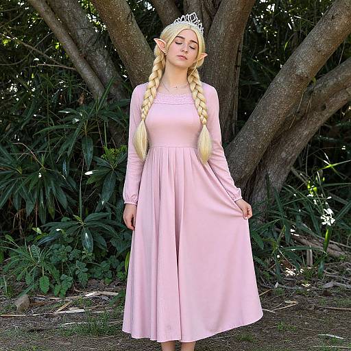 Photograph of a young woman with long blonde braids, elf ears, and a silver tiara, wearing a pale pink, long-sleeved
