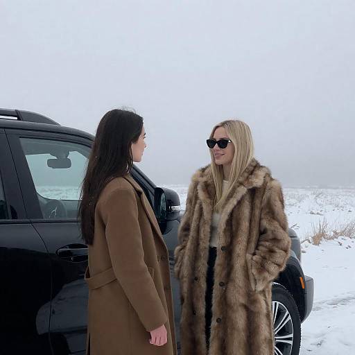 Two Women Beside Black SUV in Fog