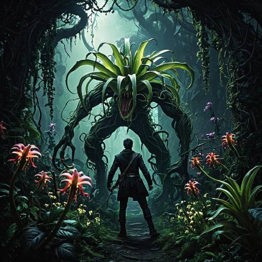 Rogue Facing Gigantic Carnivorous Plant in Dark Fantasy Forest