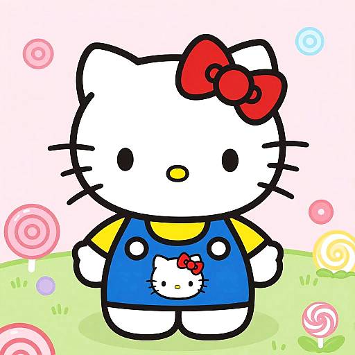 Digital drawing of Hello Kitty with a red bow, blue overalls, yellow shirt, and a Hello Kitty logo on her chest. Background features colorful swirl