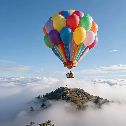 Vibrant hot air balloon with multicolored spheres soaring above a mist-covered mountain peak under a clear blue sky. Photograph.