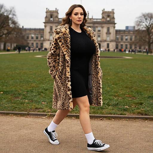 Photograph of a confident woman with curly brown hair, wearing a leopard-print coat, black dress, white socks, and black sneakers, walking in front