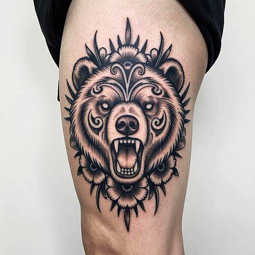 Symmetrical Snarling Bear Thigh Tattoo
