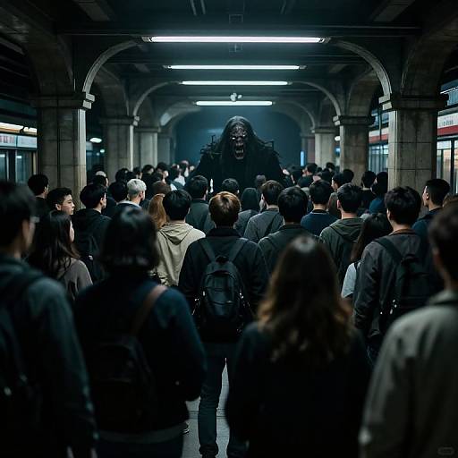 Photograph of a dark, mysterious figure standing in a dimly lit, arched underground hallway, surrounded by a crowd of people in dark clothing.