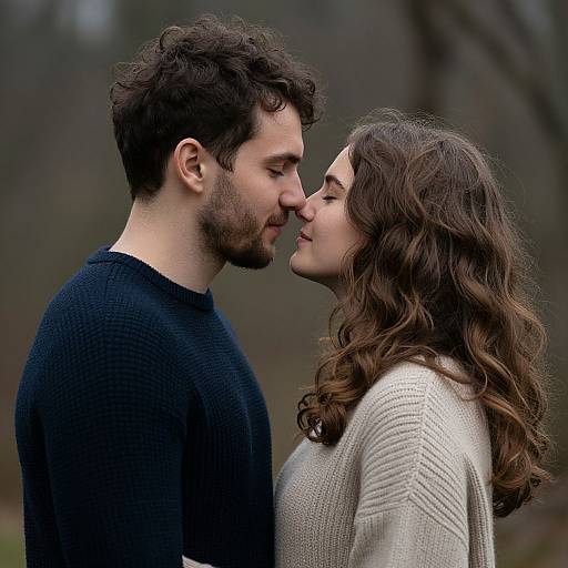 Photograph of a couple in a close, intimate moment, both with eyes closed, about to kiss. He wears a black sweater, she a white