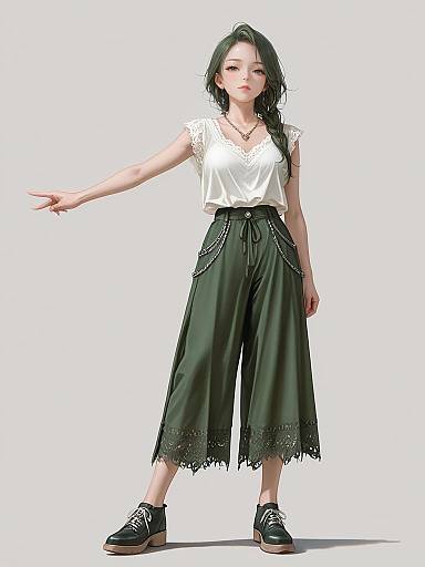Digital CGI of a young Asian woman with long black hair, wearing a white blouse, green high-waisted pants, and black sneakers, extending her