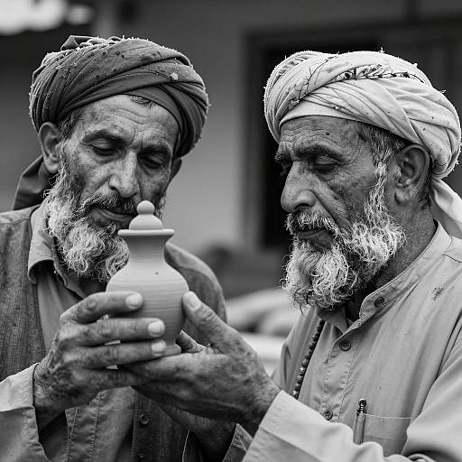 Two Elderly Men Examining Clay Figurine