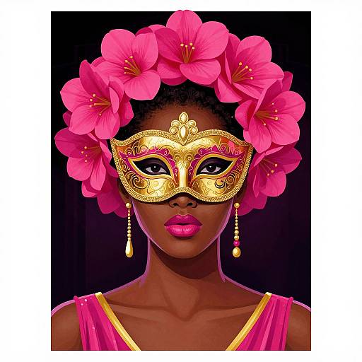 Digital portrait of a dark-skinned woman with pink flower crown, gold ornate mask, pink lips, and matching earrings, wearing pink top, against