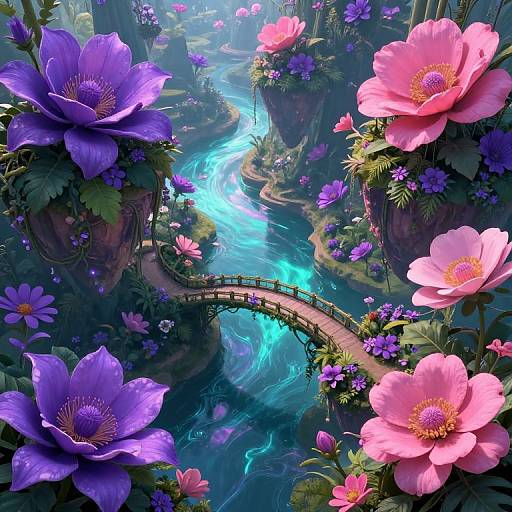 Digital fantasy artwork of a vibrant, flower-filled valley with a glowing blue river, a wooden bridge, and towering cliffs. Pink and purple flowers dominate the