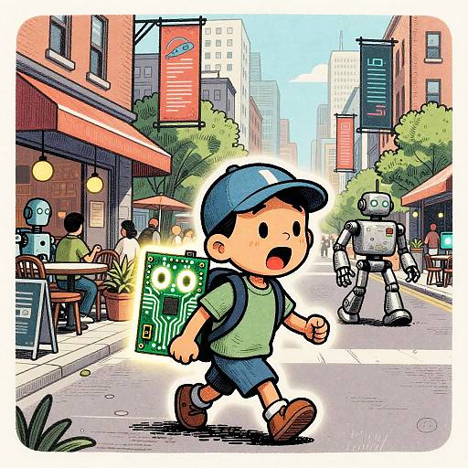 Wood-Etching Style Android City Scene