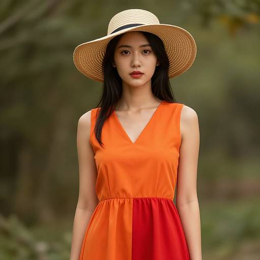 Woman in Vibrant Orange and Red Dress