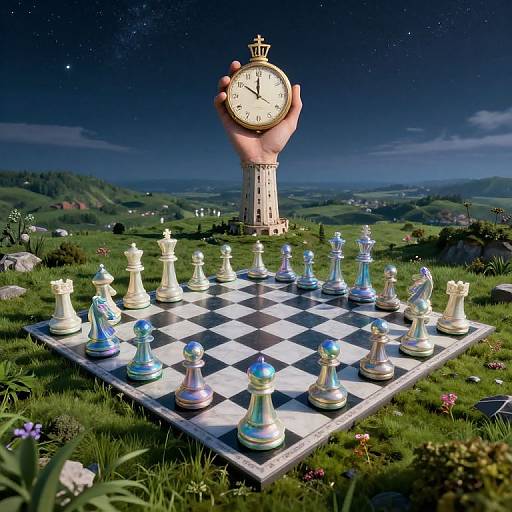 Photograph of a surreal scene: a hand holding a clock above a glowing chessboard on a grassy hill under a starry night sky.