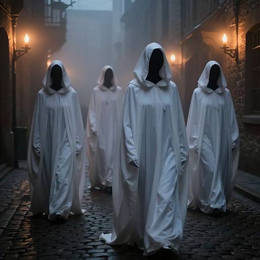 Photograph of five ghostly figures in white hooded cloaks, black masks, walking down a foggy, cobblestone alley with warm,