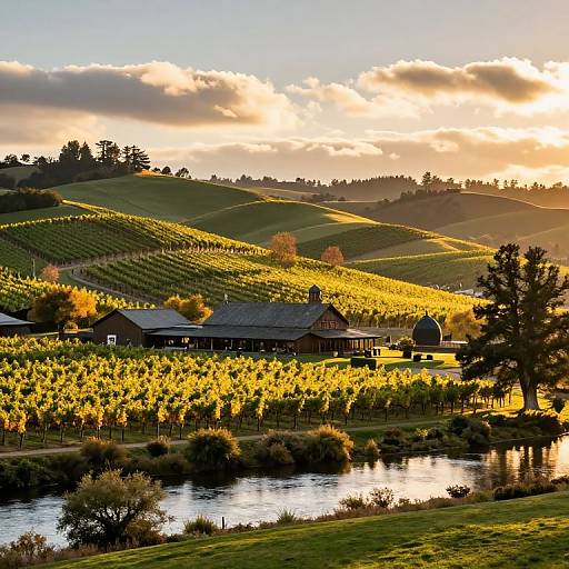 Photograph of a sunlit vineyard with rolling hills, a wooden farmhouse, and a reflective river in the foreground, under a golden sky with scattered