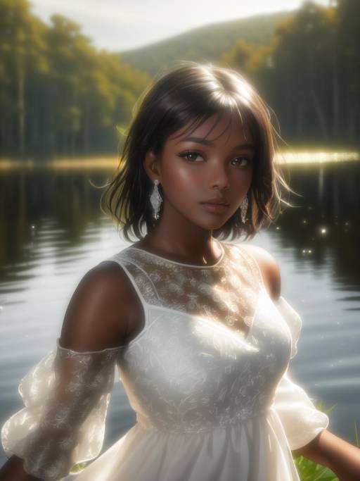 Dark-Skinned Woman in White Dress by Lake