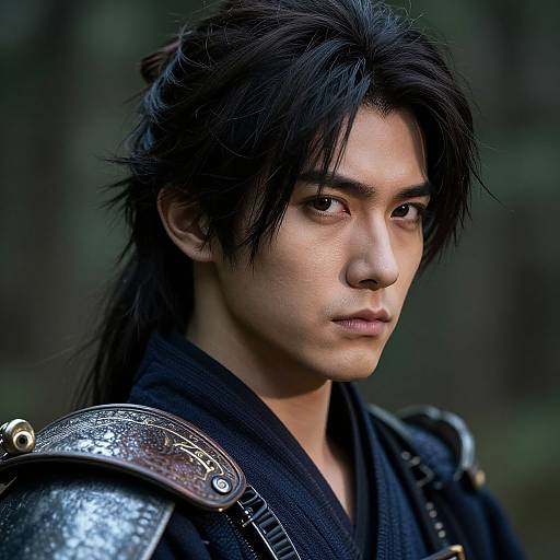 Photorealistic portrait of an androgynous Asian warrior with long black hair, serious expression, wearing metallic shoulder armor over a black robe, set