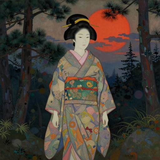 Digital art of a pale-skinned Japanese woman in a colorful floral kimono, black hair up, red moon behind pine trees.