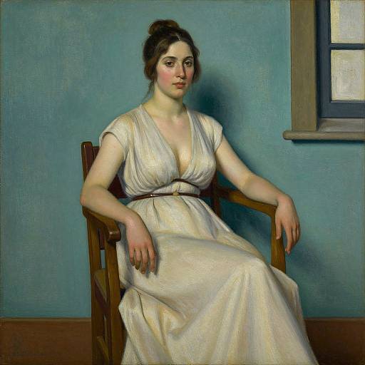 Oil painting of a fair-skinned woman with dark hair in an updo, wearing a low-cut, white, flowing gown, seated in a wooden