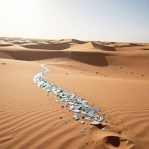 Photograph of a sunlit desert with rippled sand dunes, reflecting a broken mirror path creating a shimmering blue trail.